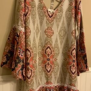 Umgee Boho Long Bell Sleeve Dress -Criss Cross Bottom Ruffle lined w/ lace 2XL
